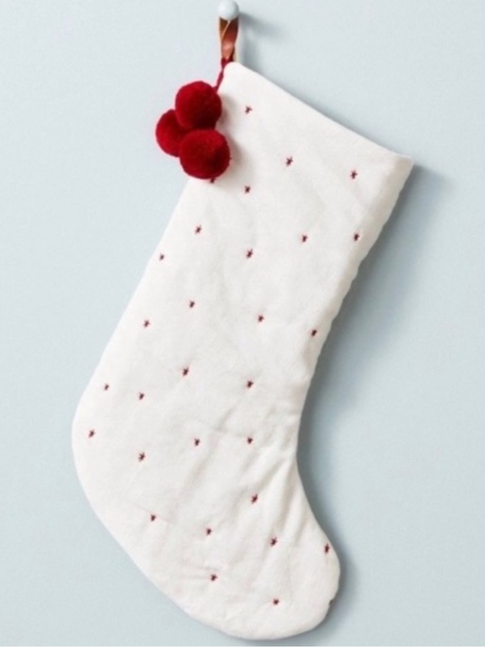 Hearth & Hand w/ Magnolia Cream Red Embroidered Pom Pom Christmas Stocking NWT